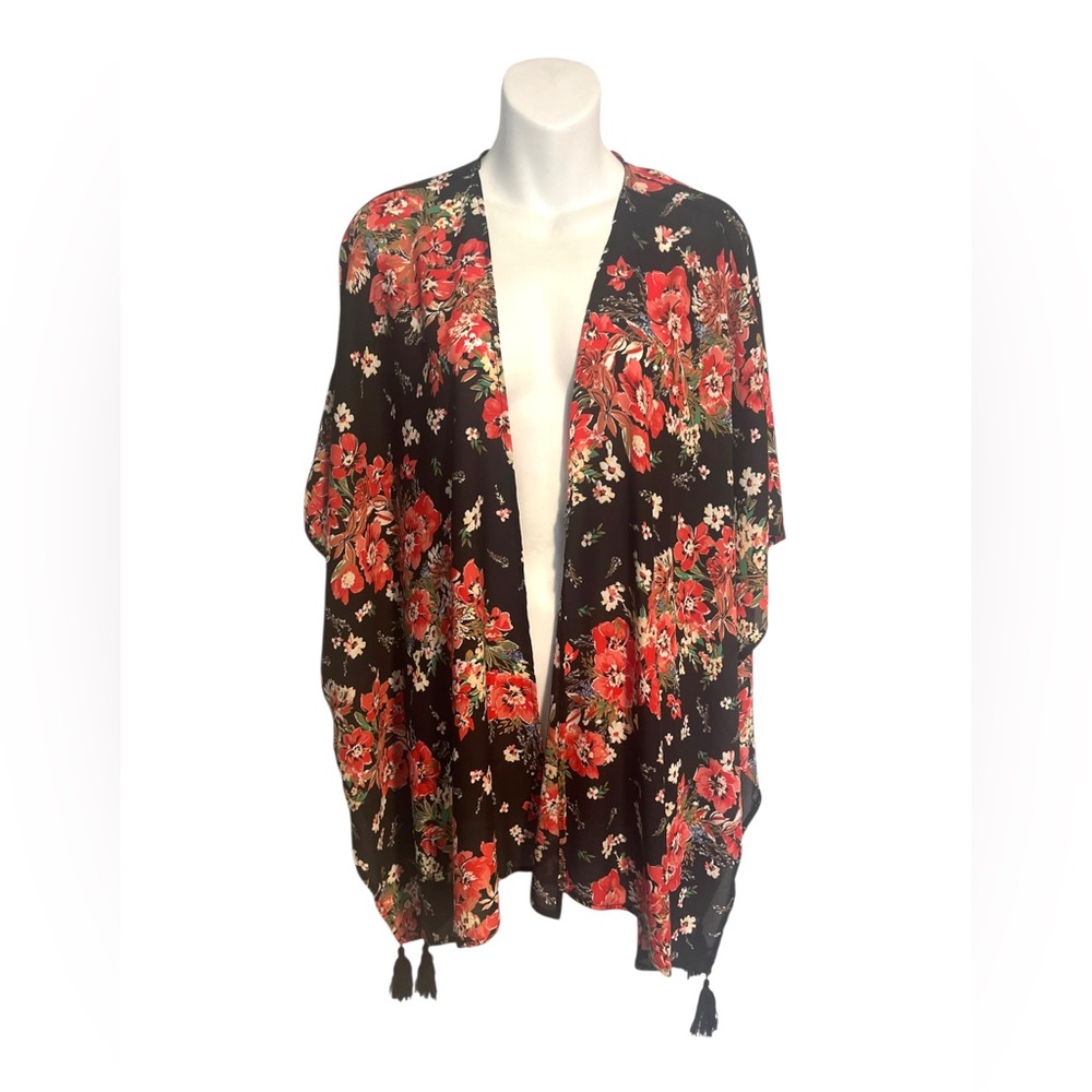 Maurices Kimono Swim Cover-Up O/S Whimsigoth Black Floral Open Front Boho Resort